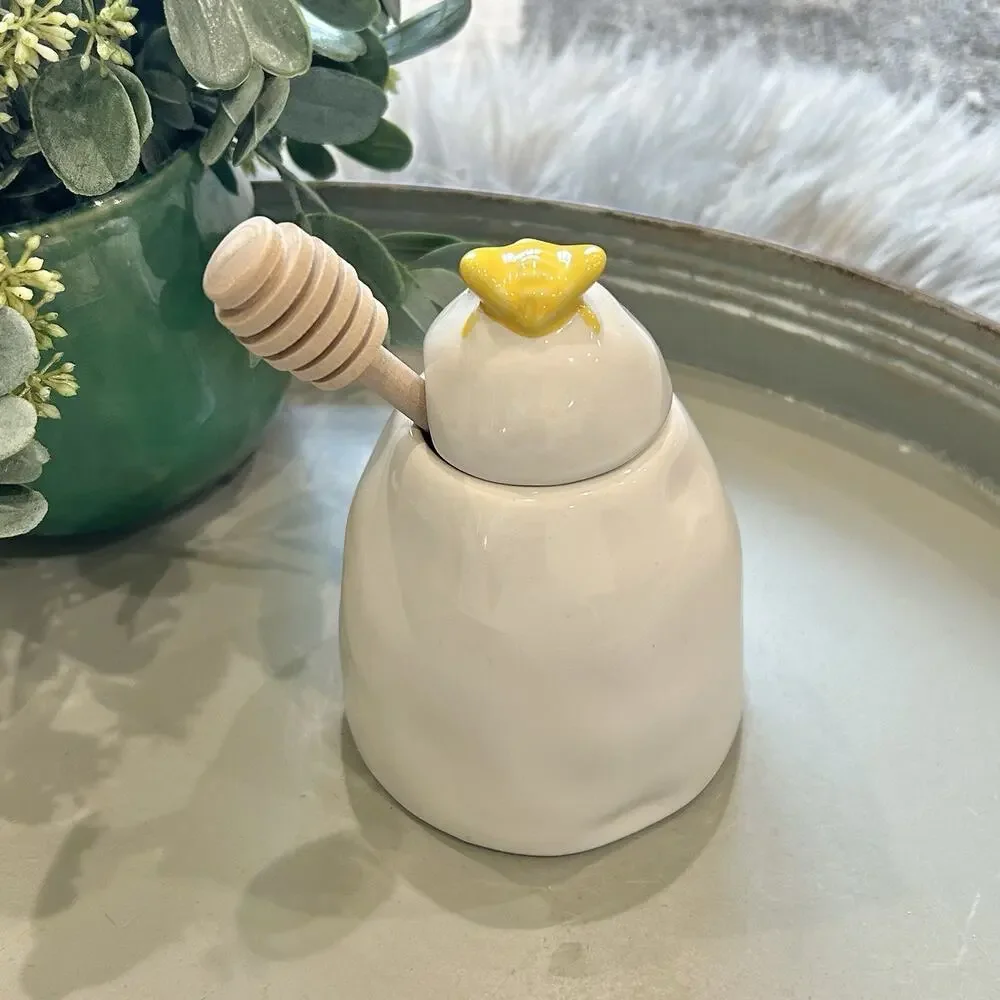Rae Dunn HONEY Pot w Wooden Dipper Honey Jar Yellow Honey Bee Artisan Collection